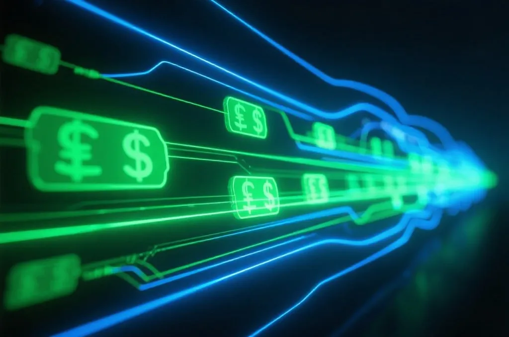 A high-speed data flow conceptual illustration with glowing green and blue light paths representing fast financial transactions
